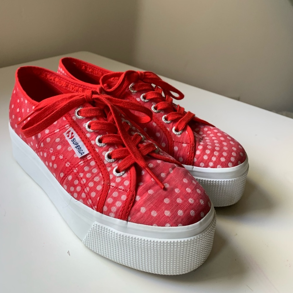 Red & White Polkadot Superga platform sneakers